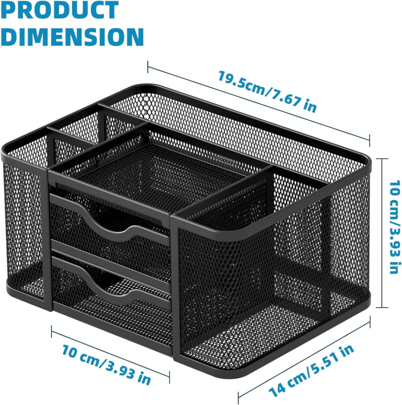 Black Mesh Desk Organizer with 2 Drawers and 5 Compartments