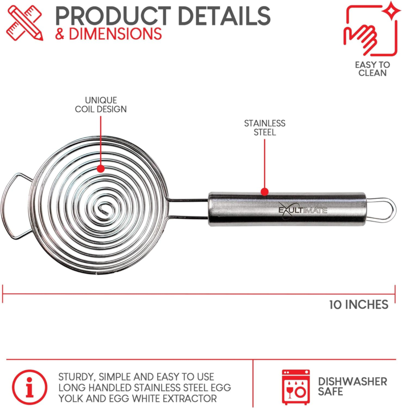 Stainless Steel Egg Separator with Long Handle - No Drip Yolk Extractor