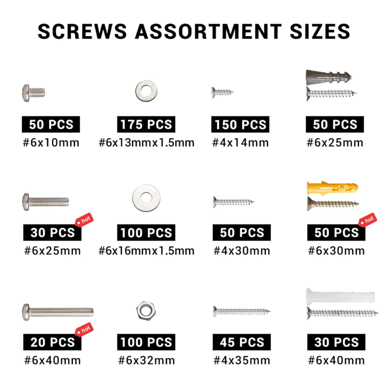 850 PCS Screws Assortment Kit Drywall Anchors Set Includes 15Sizes 