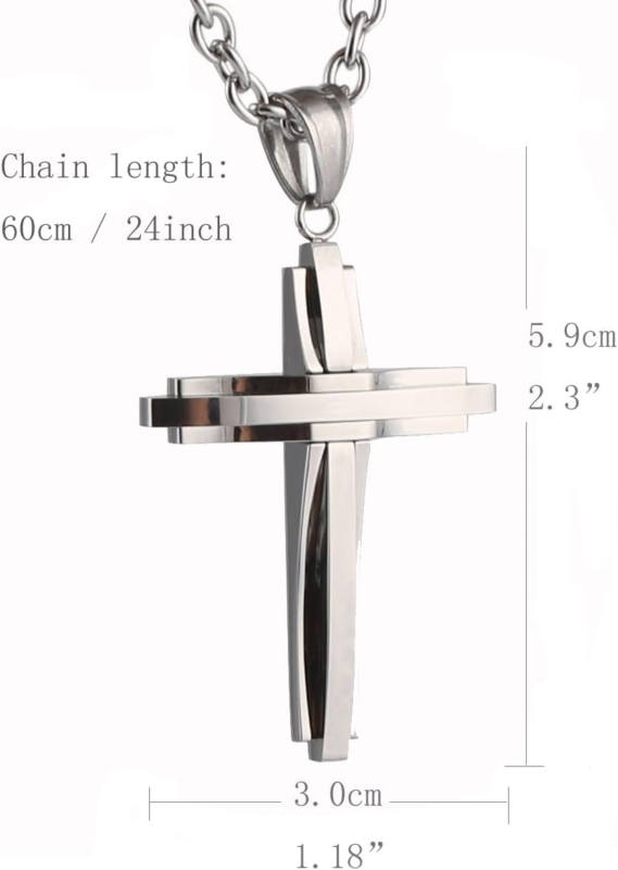 Men's Stainless Steel Silver Cross Pendant Necklace, 22+2 Inch Chain