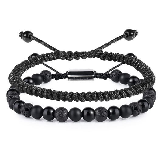 Men's Black Beaded Bracelet Set - Obsidian Onyx Lava Beads for Couples