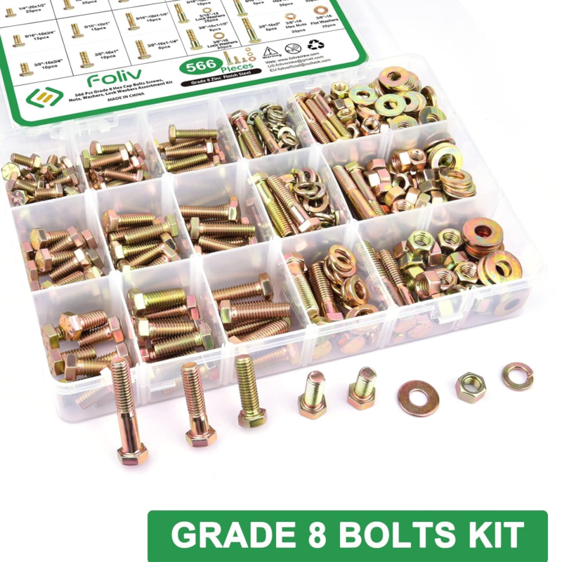 566Pcs Heavy Duty Bolts and Nuts Assortment Kit, Grade 8 Hex Screws Bolts Nuts K