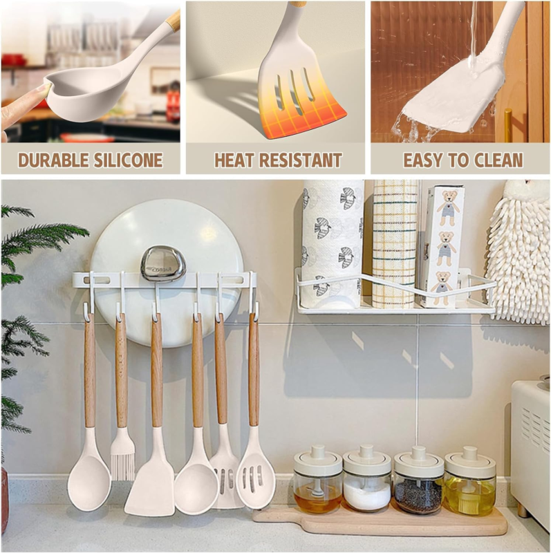 33-Piece Non-Stick Silicone Kitchen Utensils Set with Holder (Khaki)