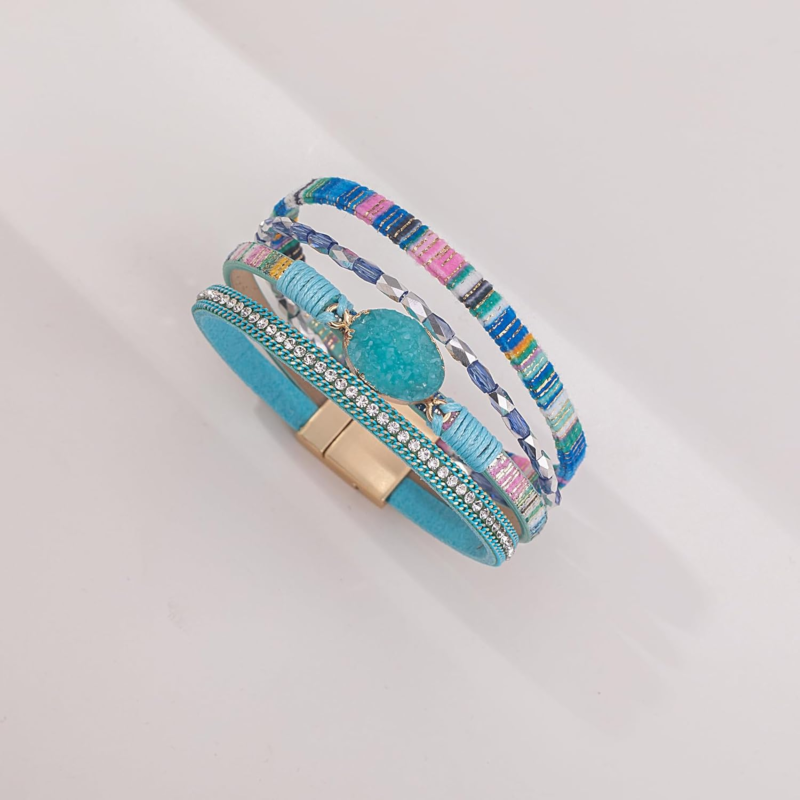 Boho Leather Wrap Bracelet with Crystal Accent