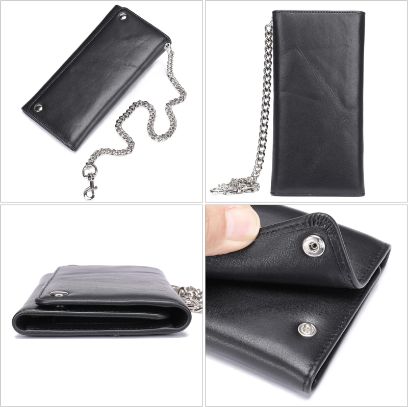 Men's Genuine Leather Trifold Wallet with Heavy Duty Chain, Black