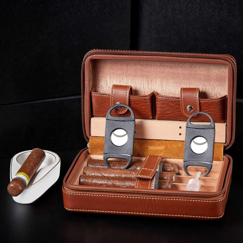 Cedar Wood Cigar Case Set with Cutter, Humidifier, Ashtray & Towel