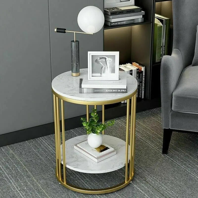 2-Tier White Marble Round Side Table for Coffee and Jewelry Storage