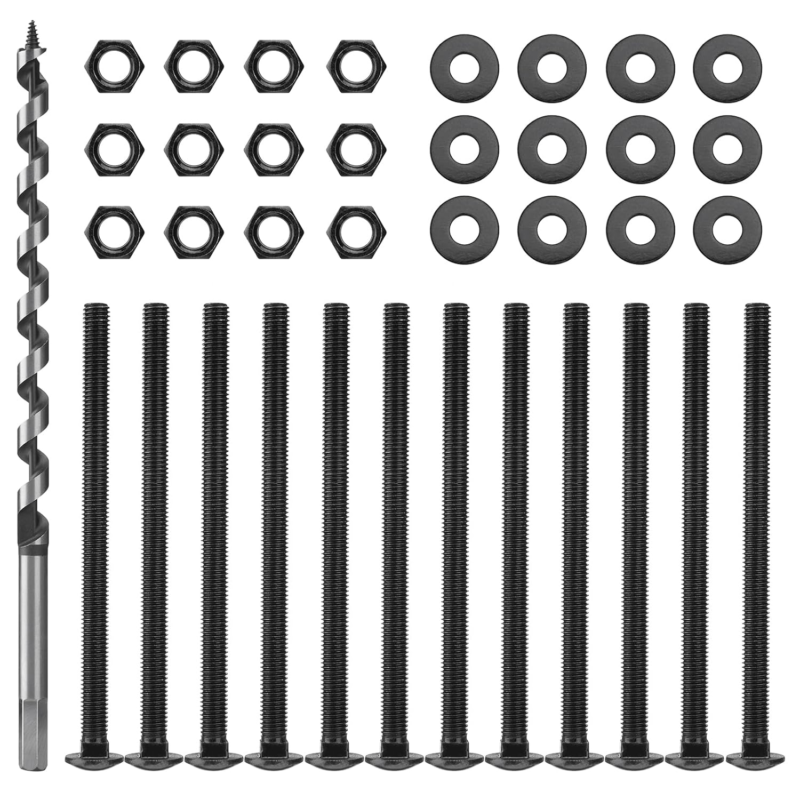 Carriage Bolt Kit with Auger Drill Bit - 12 Bolts, Washers, and Nuts