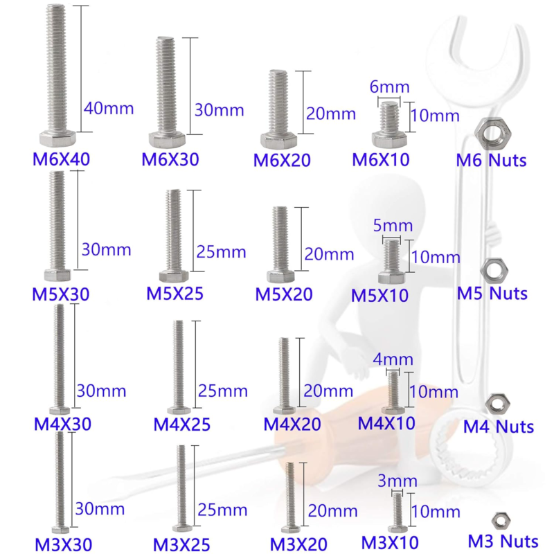 M3 M4 M5 M6 Bolts and Nuts Assortment Kit 320 PCS Metric 304 Stainless Steel Hex