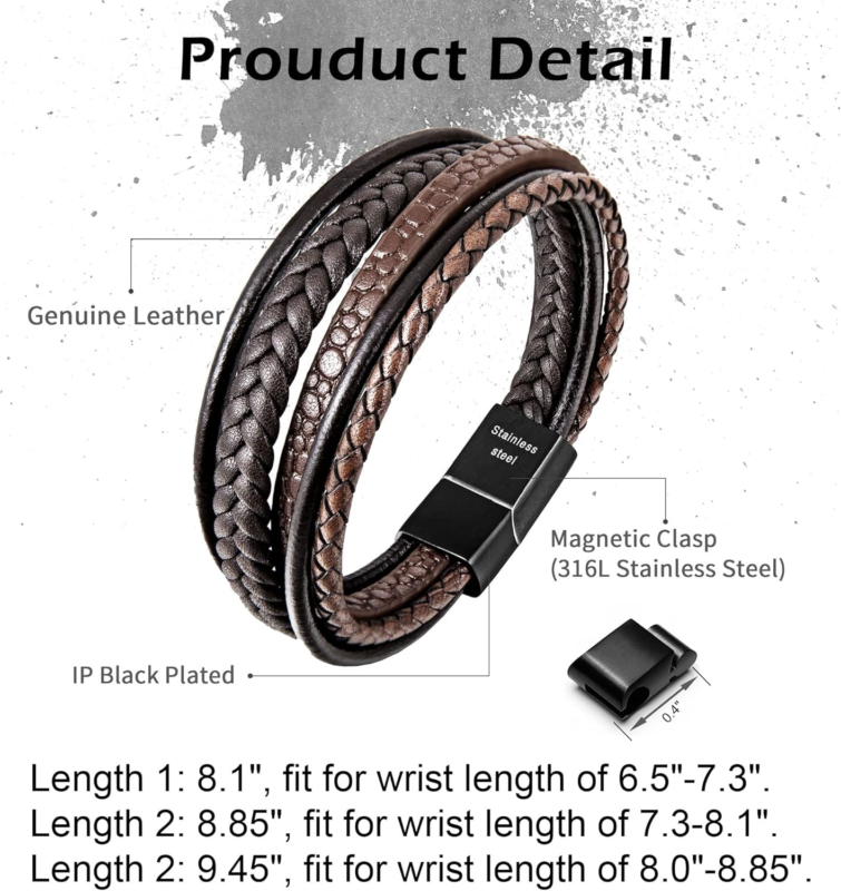 Adjustable Leather Bracelet with Stainless Steel Clasp for Men and Women