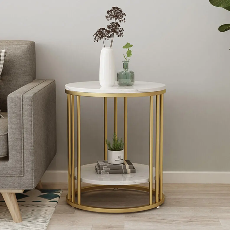 2-Tier White Marble Round Side Table for Coffee and Jewelry Storage