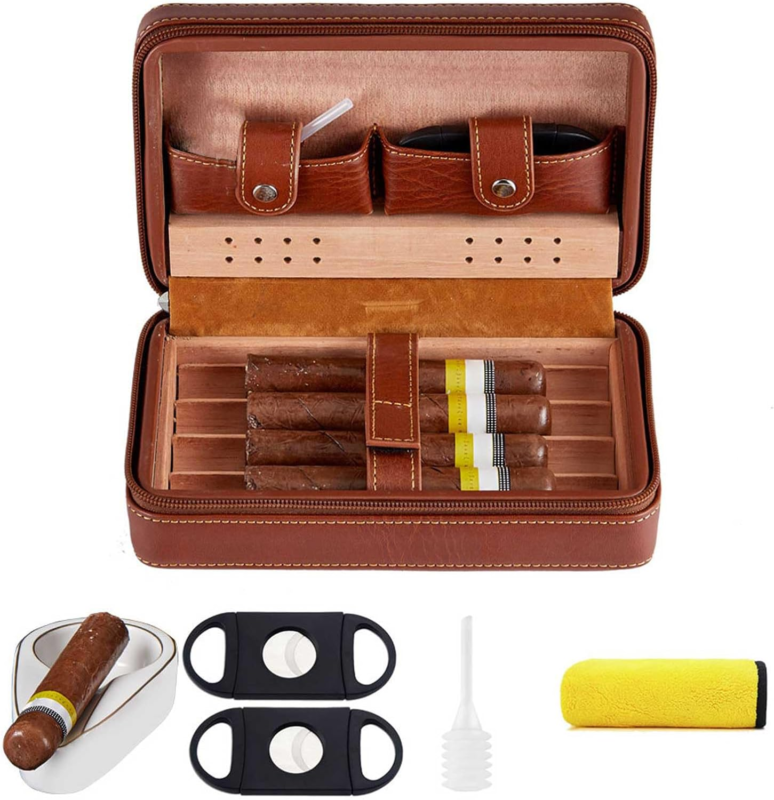 Cedar Wood Cigar Case Set with Cutter, Humidifier, Ashtray & Towel