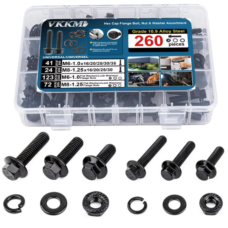 260-Piece Hex Cap Flange Bolt Assortment Kit with Screws, Nuts & Washers