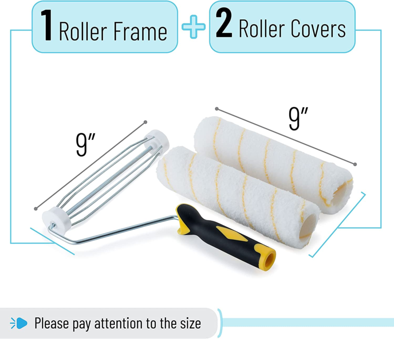 Paint Roller, Roller Frame with 2 Covers, Roller Naps (9")