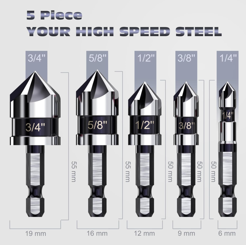 M35 Cobalt Countersink Drill Bit Set for Metal,1/4'' 3/8'' 1/2'' 5/8'' 3/4'' Set