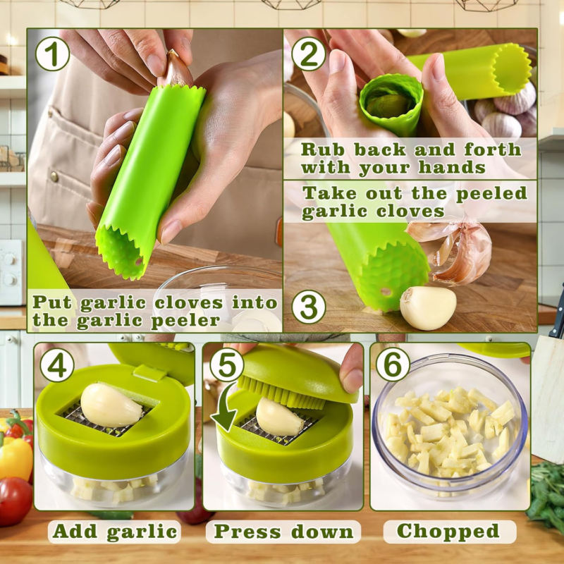 Stainless Steel Garlic Press Set with Peeler and Cleaning Brush, 2 Pcs