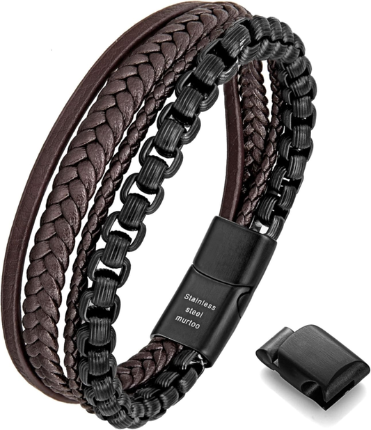 Men's Leather and Stainless Steel Bracelet - Stylish Accessory for Men