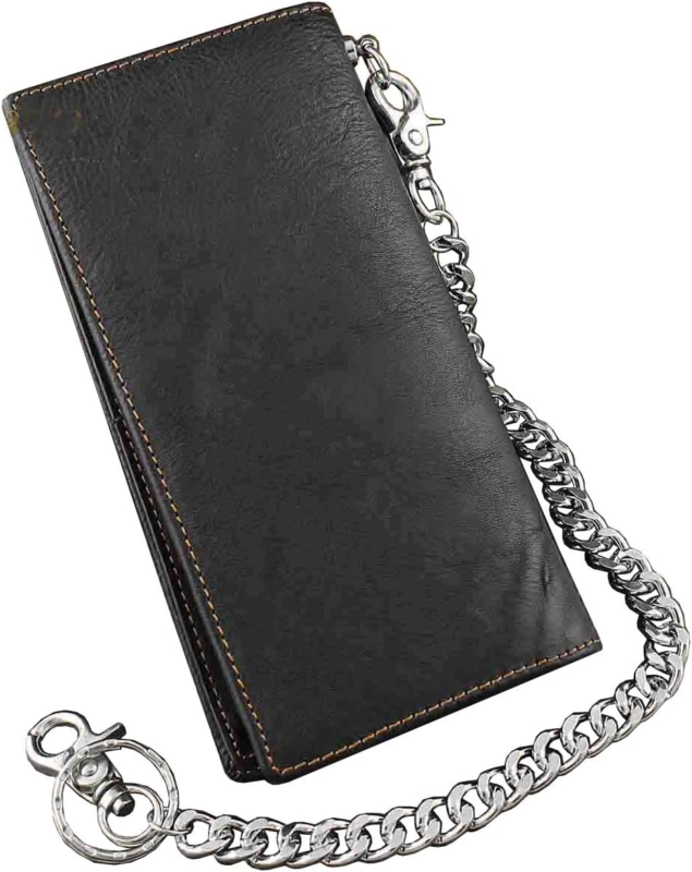 Men's Black Leather Biker Wallet with Chain and Concho Design