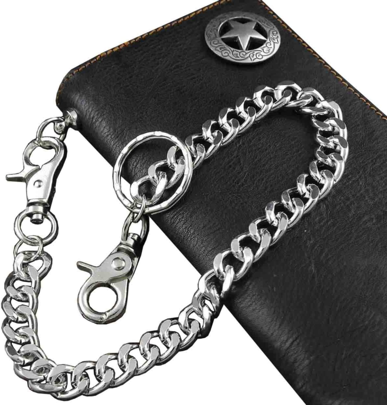 Men's Black Leather Biker Wallet with Chain and Concho Design