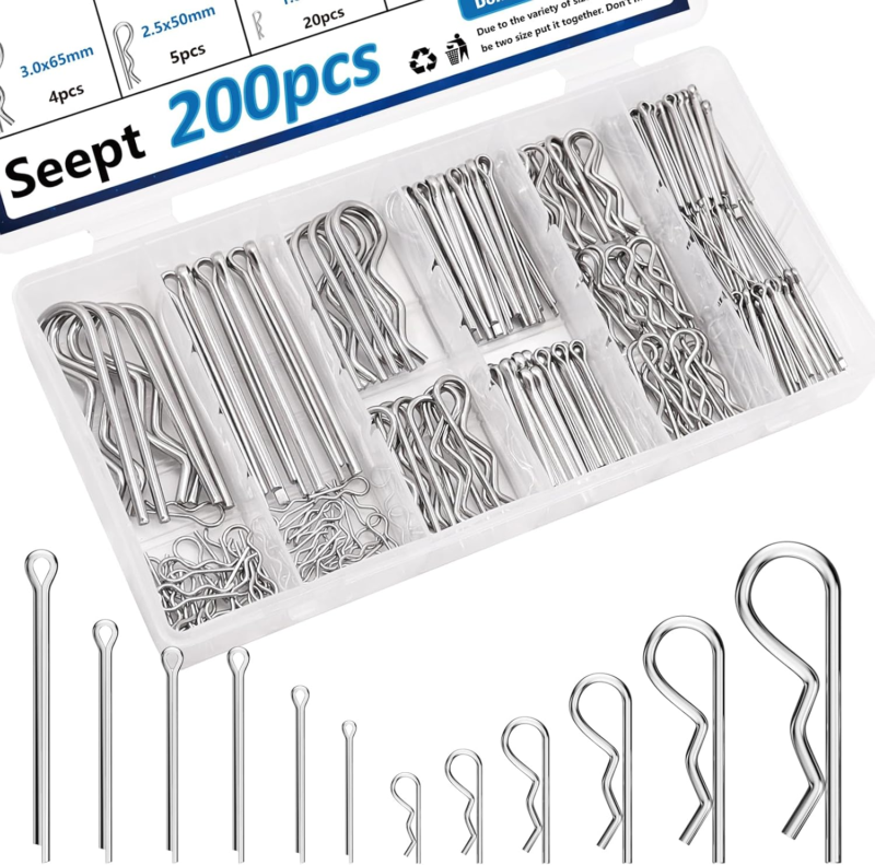 Stainless Steel Cotter Pin Assortment Kit - 200 Pcs for Hitch Pin Lock System