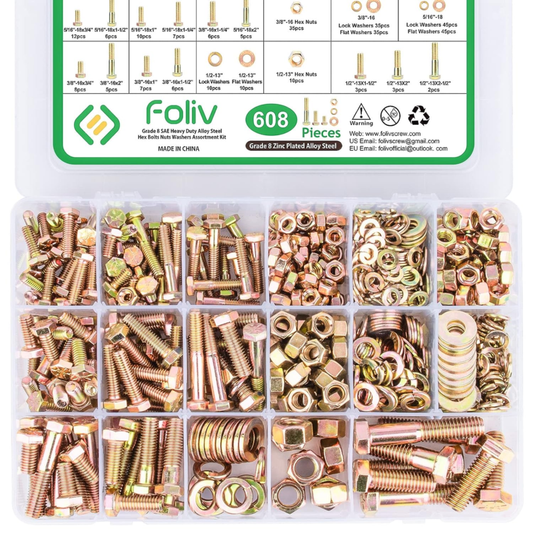 608Pcs Grade 8 Bolts and Nuts Assortment Kit, 1/4-20, 5/16-18, 3/8-16, 1/2-13 He
