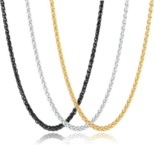 3-Piece Stainless Steel Wheat Chain Necklace Set for Men and Women, 22"