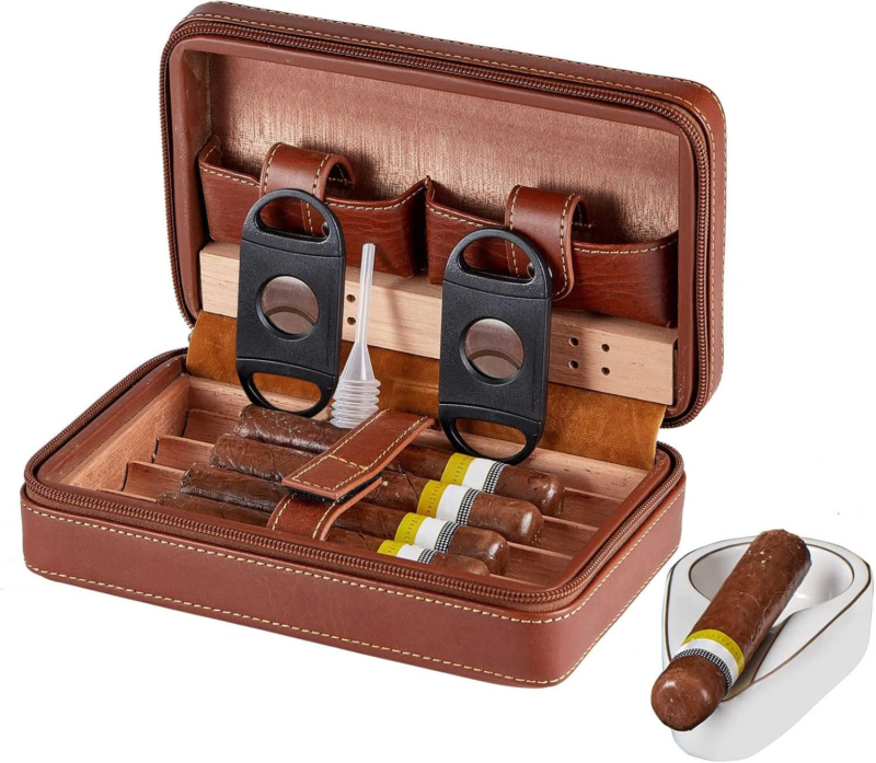 Cedar Wood Cigar Case Set with Cutter, Humidifier, Ashtray & Towel