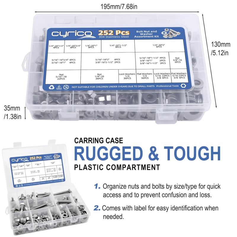 252 Pcs Nuts and Bolts Assortment Kit, 304 Stainless Steel Hex Bolts and Nuts Wa