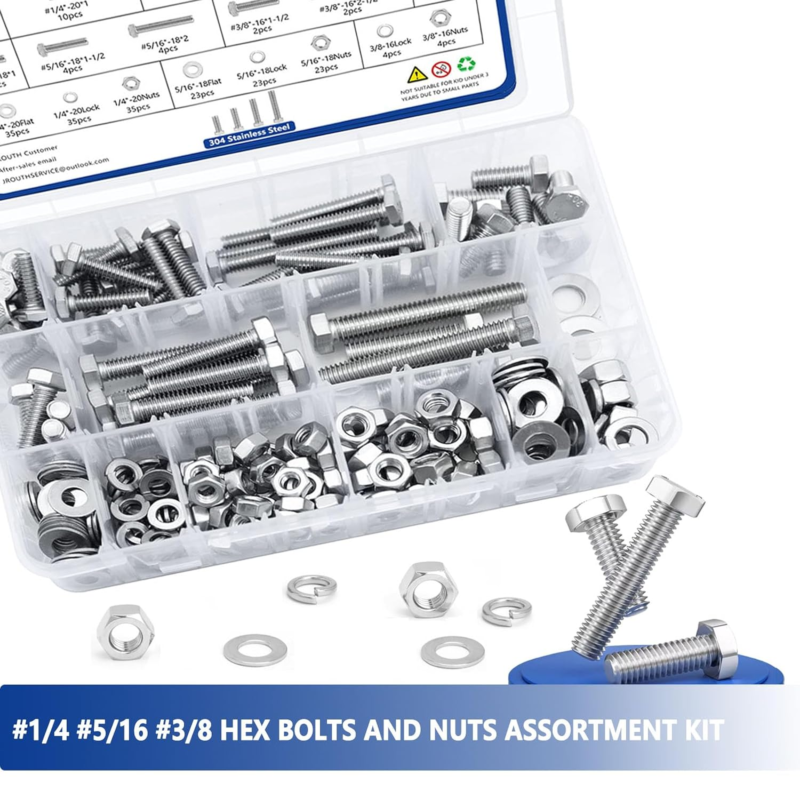 242PCS Hex Head Nuts and Bolts Assortment Kit,304 Stainless Steel with Case