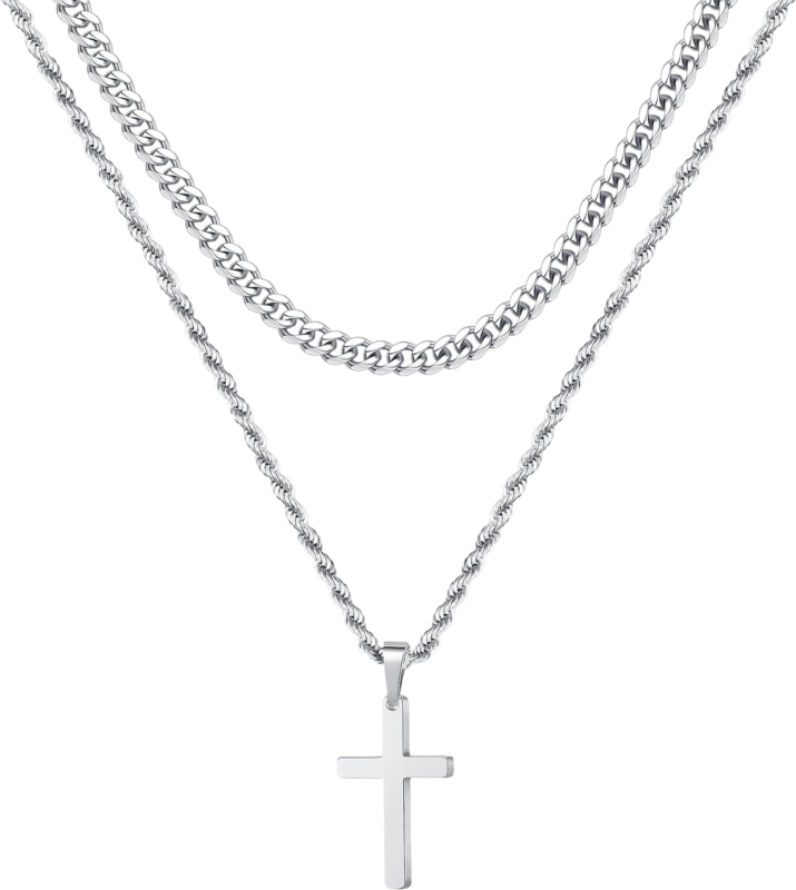 Men's Cross Necklace - Stainless Steel, Color Silver 18In/20In