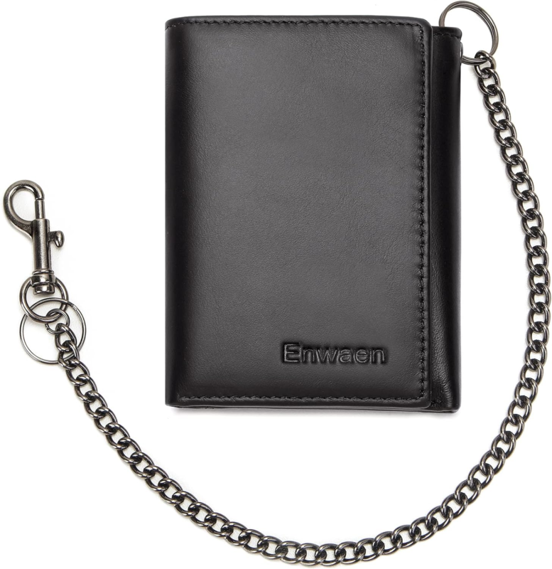 Genuine Leather Trifold Wallet with Chain, RFID Blocking for Bikers (Black)