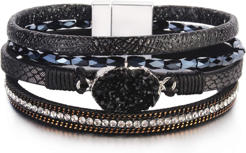 Boho Leather Wrap Bracelet with Crystal Accents