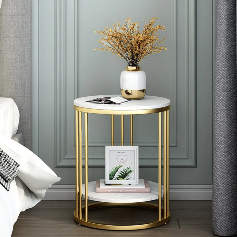 2-Tier White Marble Round Side Table for Coffee and Jewelry Storage