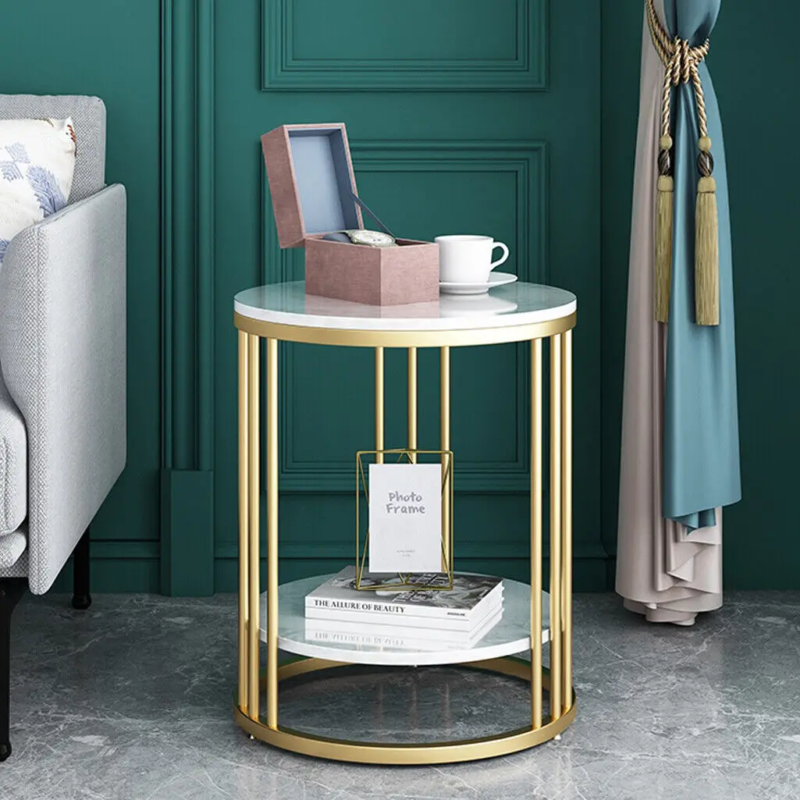 2-Tier White Marble Round Side Table for Coffee and Jewelry Storage