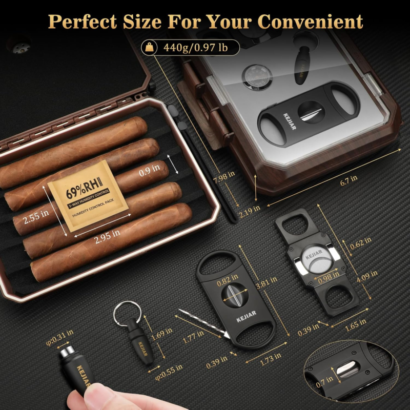 Travel Cigar Humidor Set with Cutters, Puncher, and Hygrometer - Dark