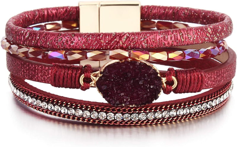 Boho Leather Wrap Bracelet with Crystal Beads for Women