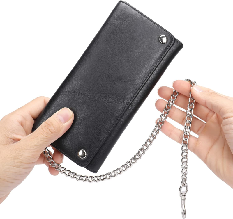 Men's Genuine Leather Trifold Wallet with Heavy Duty Chain, Black