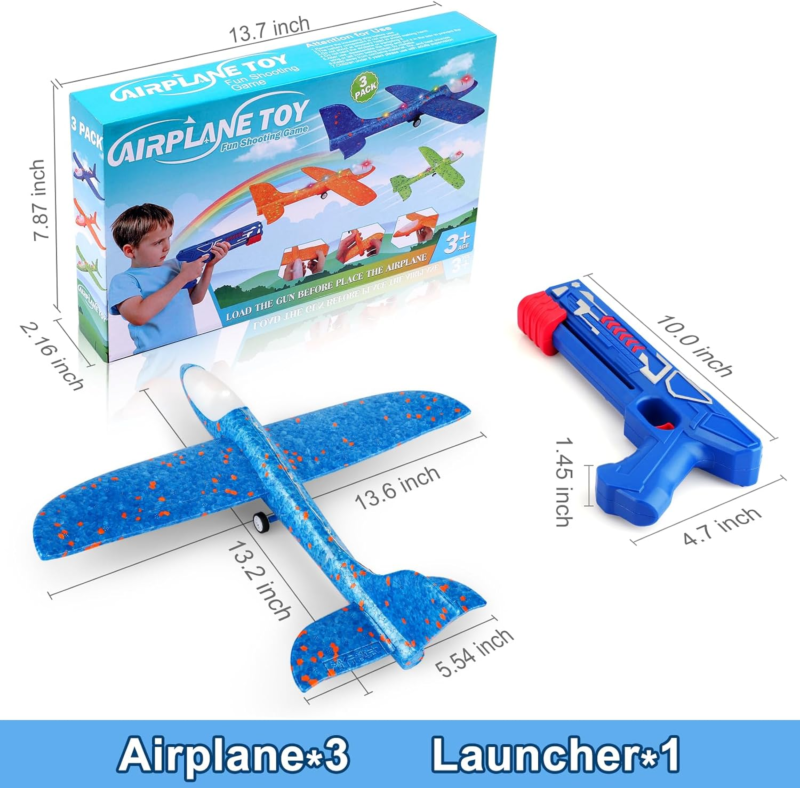 3 Pack LED Foam Airplane Launcher Toys with 2 Flight Modes for Kids 4-12