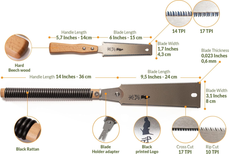 Japanese Pull Saw Set - 9.5" & 6" Flush Cut Hand Saws for Woodworking