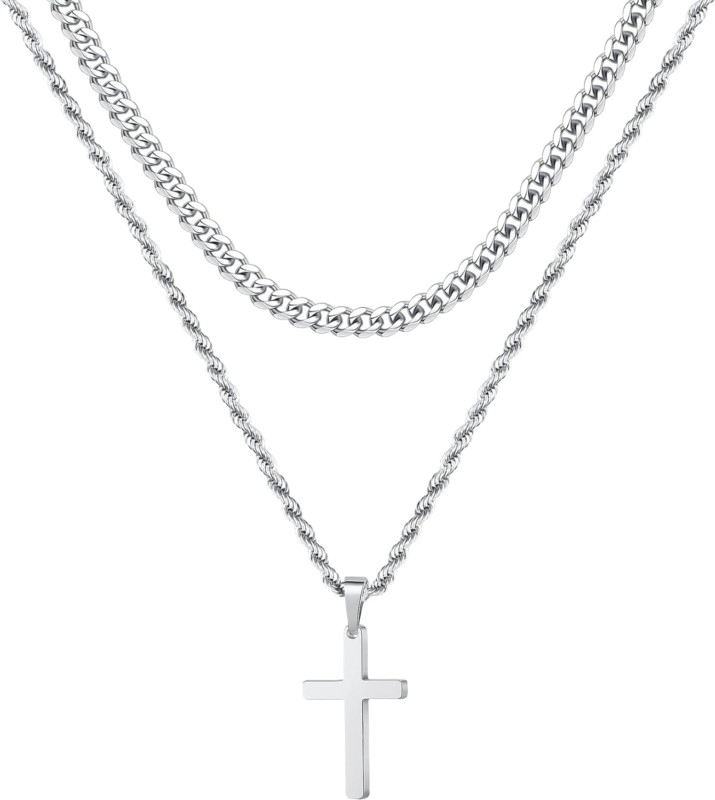 Men's  Stainless Steel Cross Necklace. Color - Silver - 22In/24In