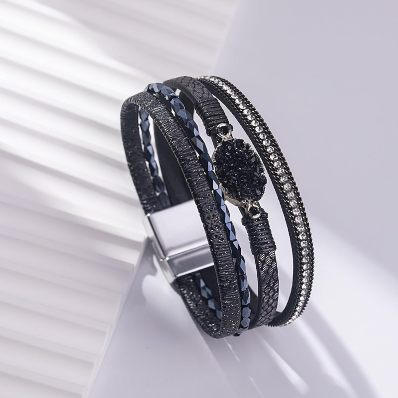 Boho Leather Wrap Bracelet with Crystal Accents