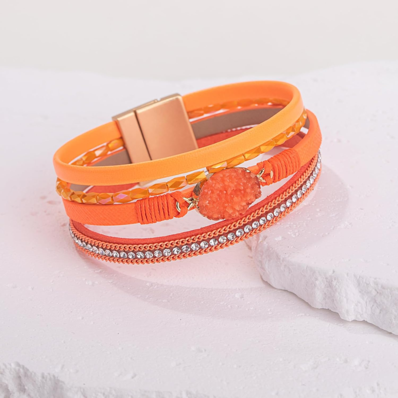 Boho Leather Wrap Bracelet with Magnetic Clasp