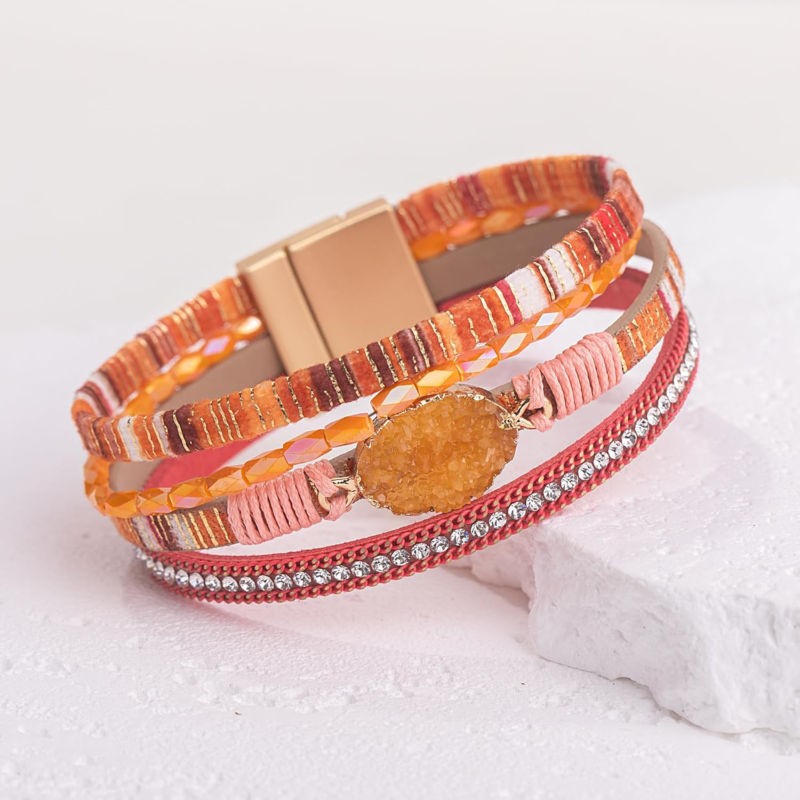 Boho Leather Wrap Bracelets with Crystal and Magnetic Clasp