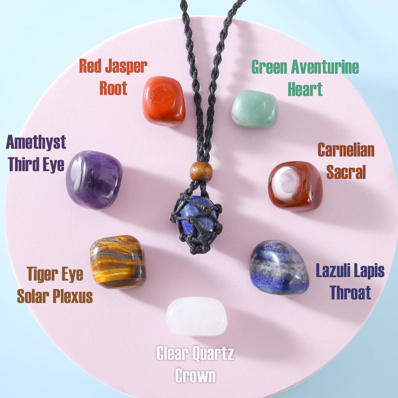 7 Chakra Healing Crystal Necklace Set,Handmade Weave Rope 