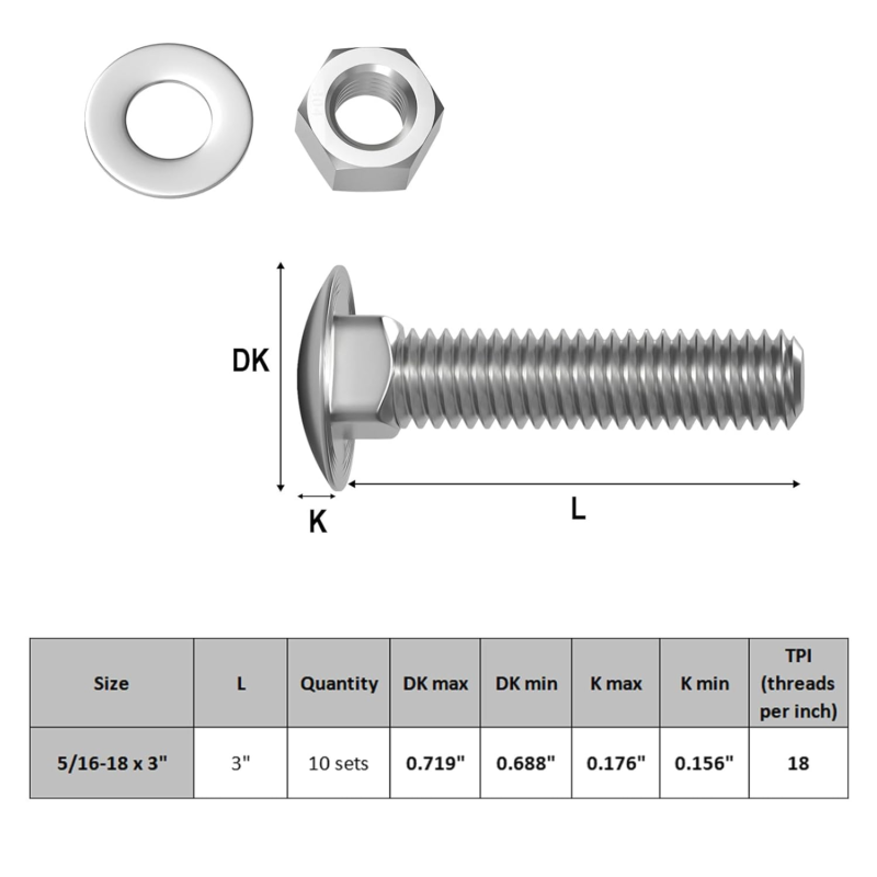 304 Stainless Steel Carriage Bolts Set, 5/16-18 x 3", 10 Sets with Washers