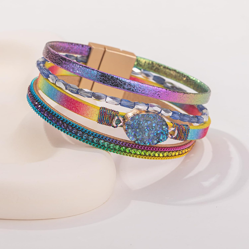 Bohemian Crystal Leather Wrap Bracelet with Magnetic Clasp