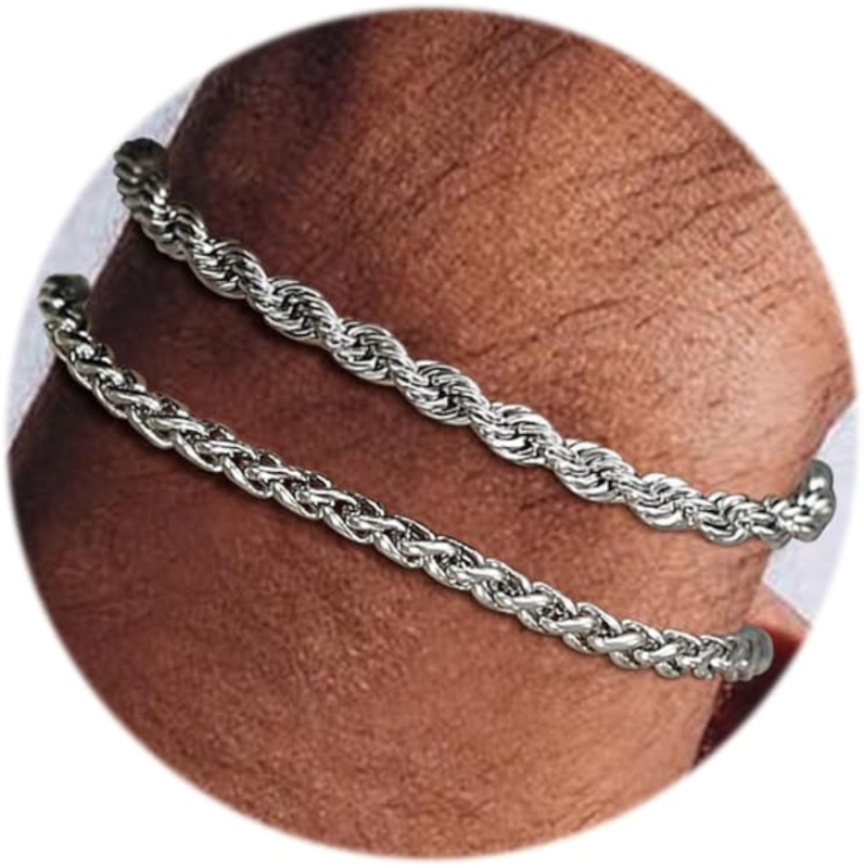 2Pcs Stainless Steel Bracelets for Men  Cuban Link Figaro Rope  7.5/8.3/9 Inches