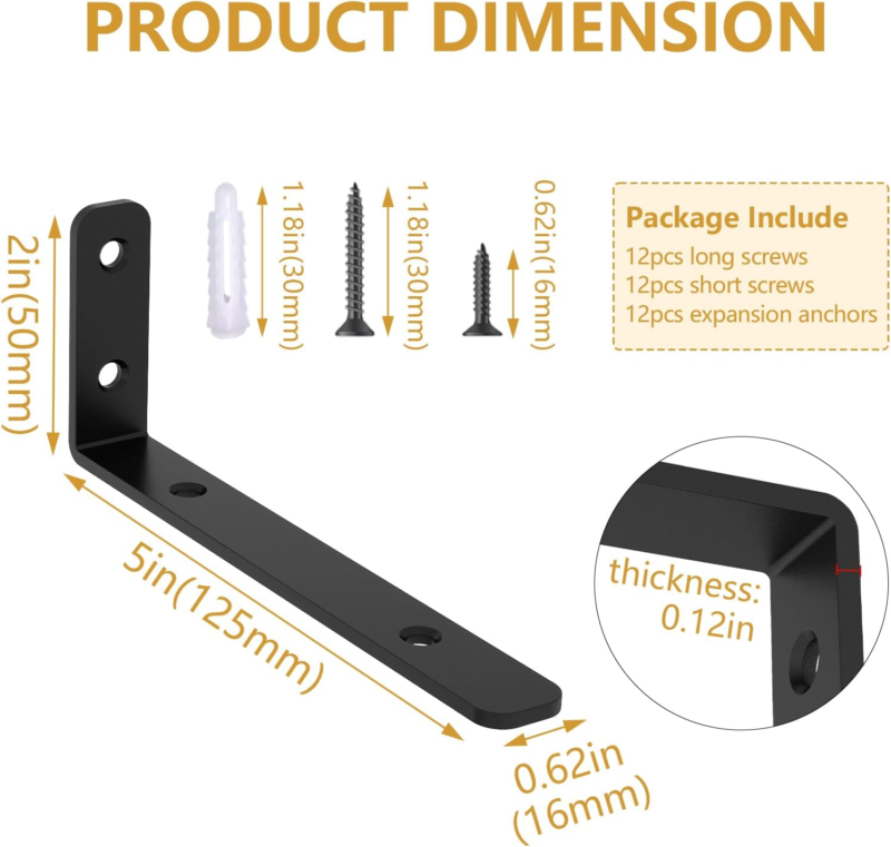 6PCS Heavy Duty Metal L Bracket, 5"x2" Shelf Support, Max Load 42Lb