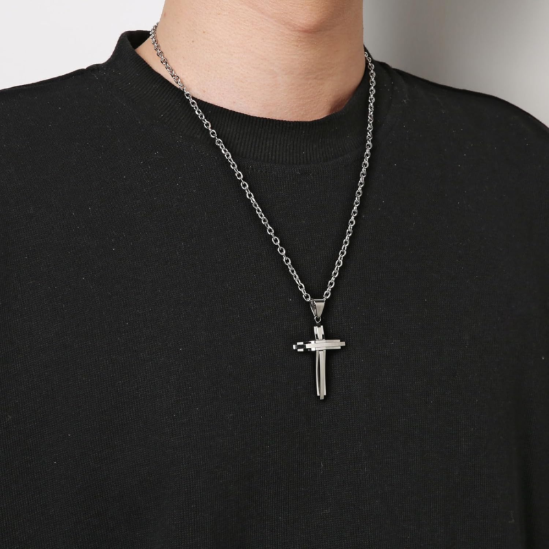 Men's Stainless Steel Silver Cross Pendant Necklace, 22+2 Inch Chain