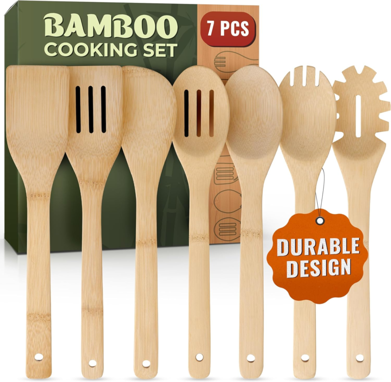 Bamboo Wooden Cooking Utensil Set - 7 Pcs Heat Resistant Kitchen Tools